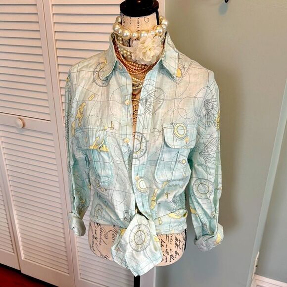 Lands' End Tops - RARE Lands End *LINEN* Sample Sale Map Geography Compas Aqua Utility  Shirt
